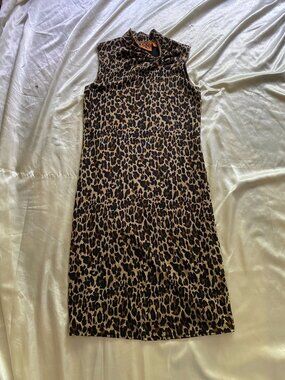 Tory Burch 100% Wool Leopard Ruched Neck Bodycon Midi Dress Small